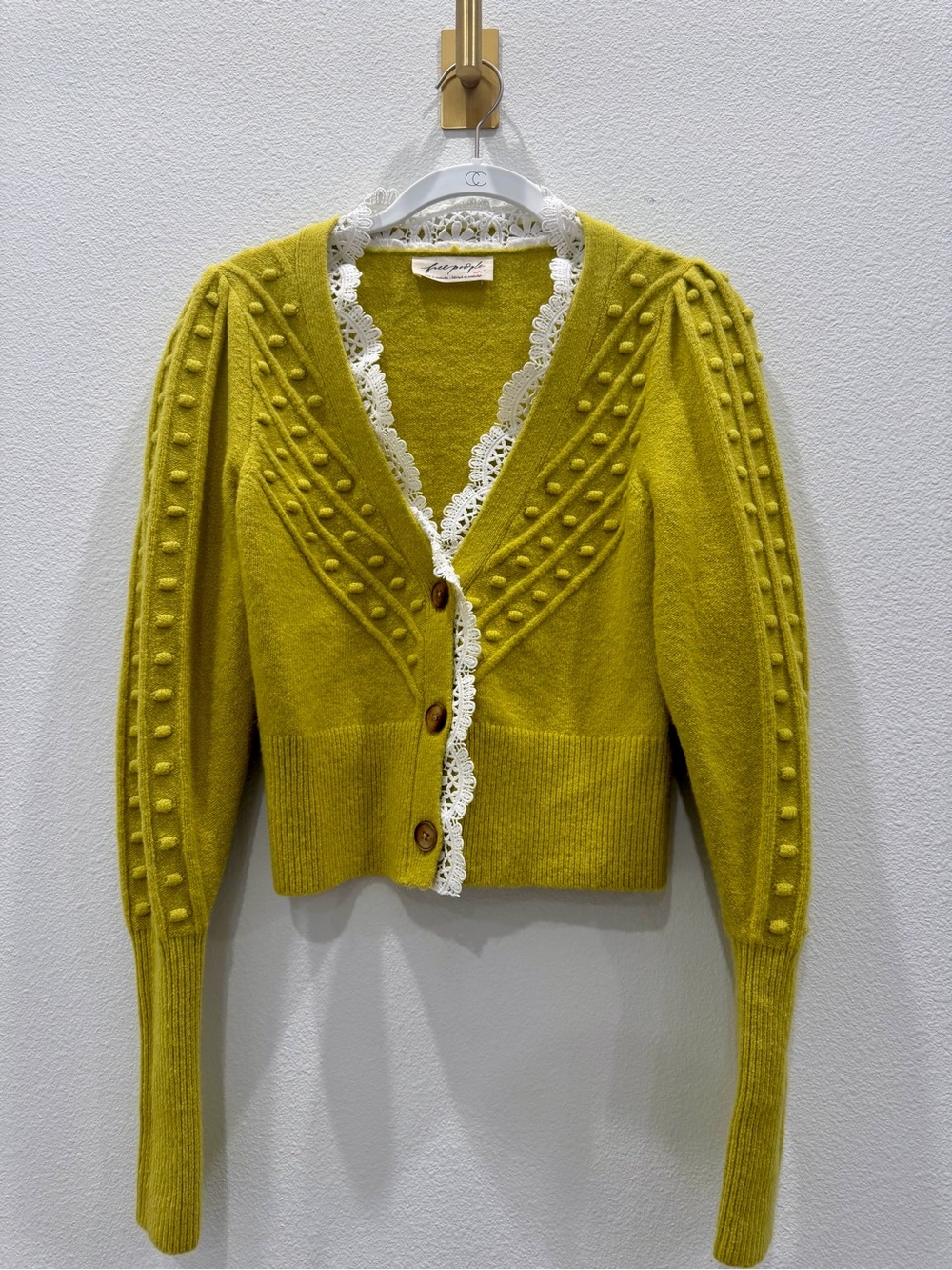 Free People Yellow-Green Lace Trim Bobble V-Neck Cardigan